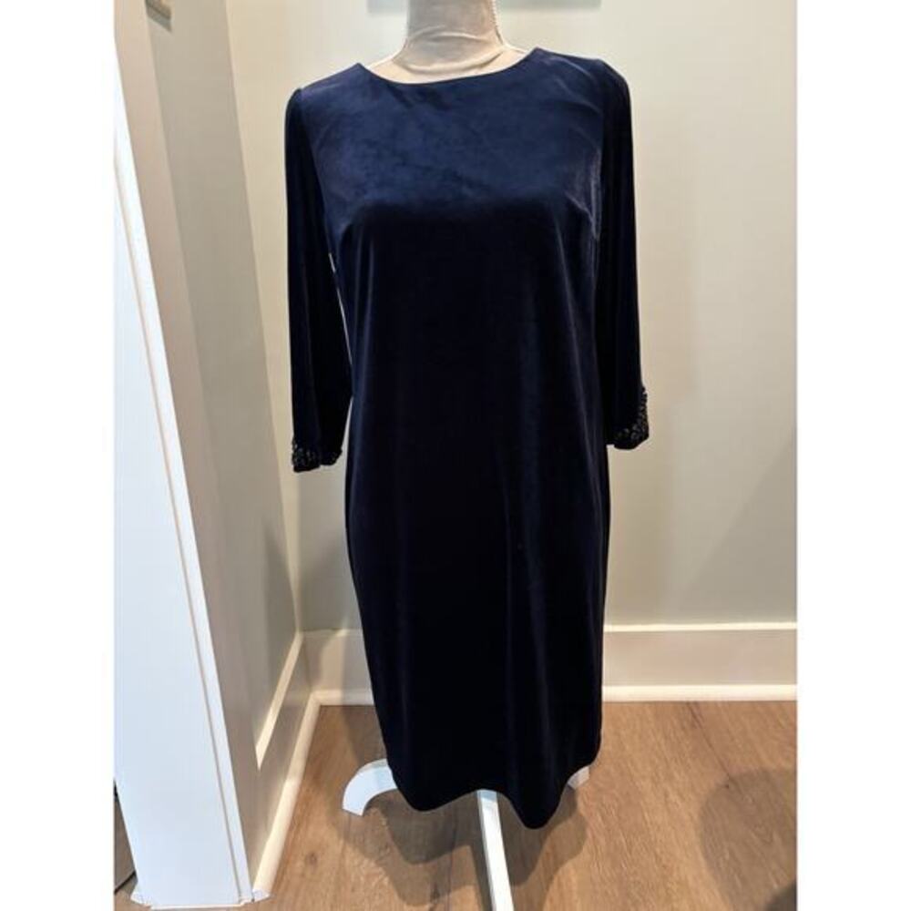 Chicos Navy Blue Holiday Velvet Midi Dress Beaded Long Sleeve Sz 0 S Minimalist
